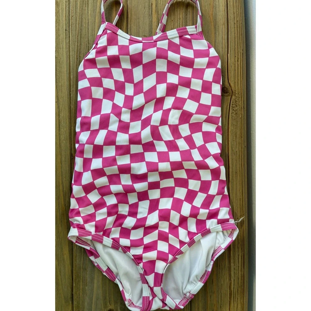 Hanna Andersson One Piece Swimsuit Warped Check Kids Size 5 Pink Excellent
